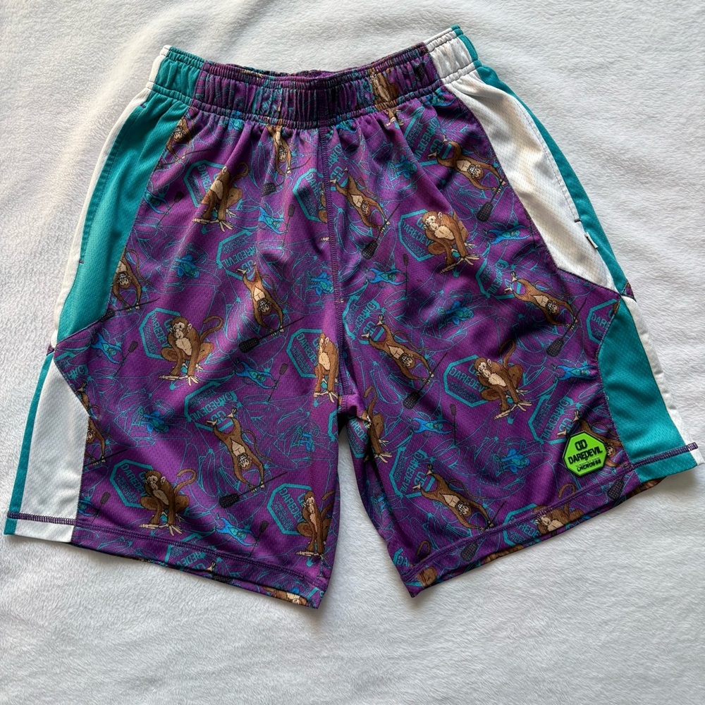 Daredevil by Wreckless Lacrosse Shorts Monkeys Purple Green Boys L